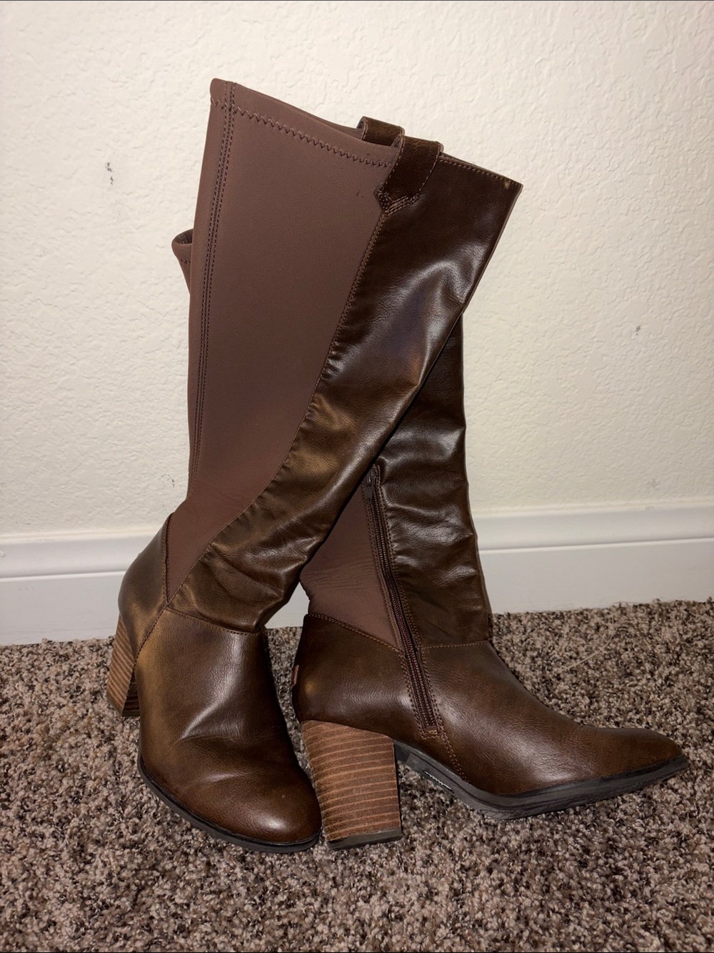 Over-the-Knee Brown Leather Block Heel Boots